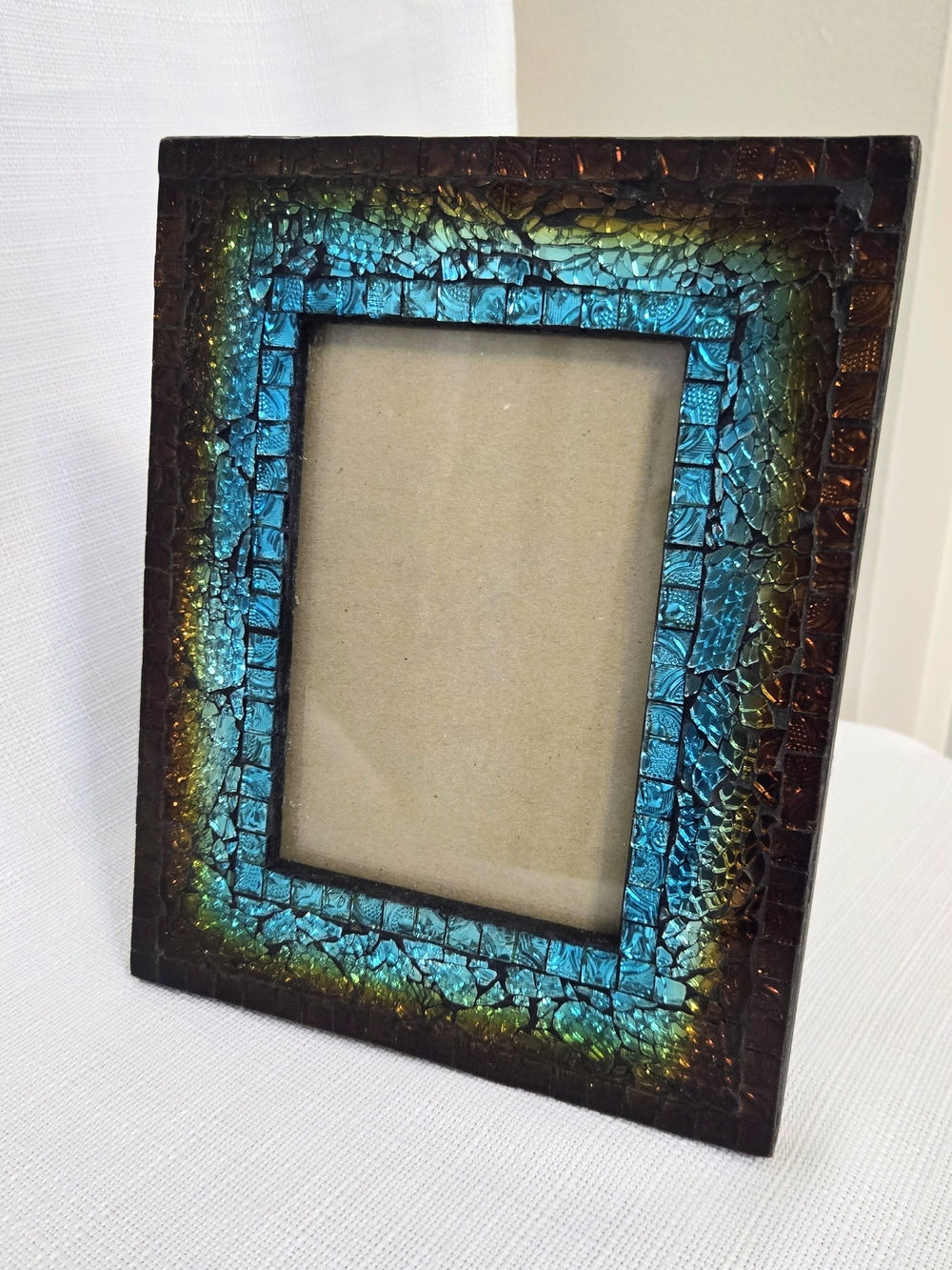 Pier 1 Dicrohic Ombre Mosaic Glass Picture Frame 5x7 Iridescent Teal Boho